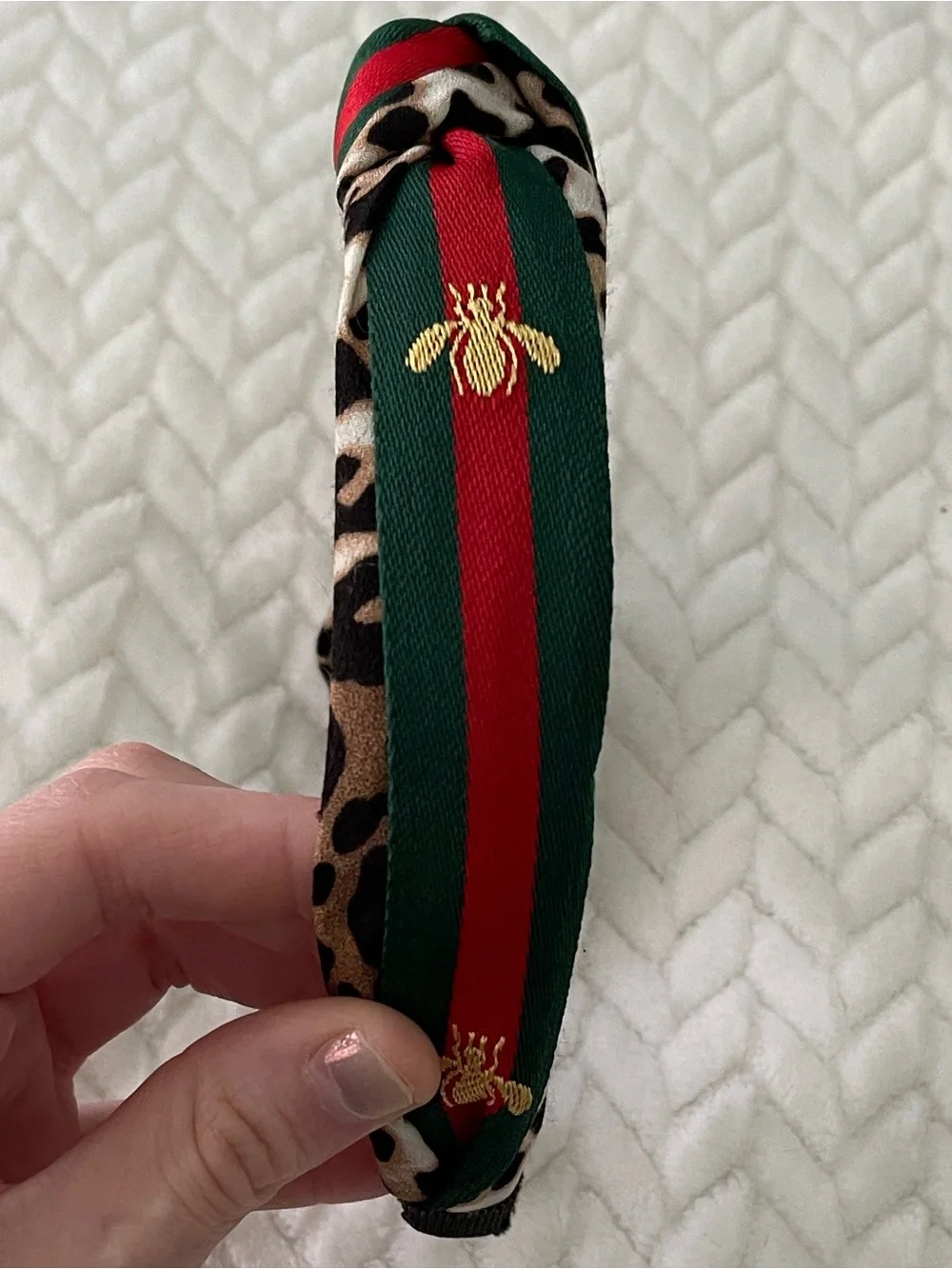 Leopard Print Knotted Headband with Green and Red Stripe